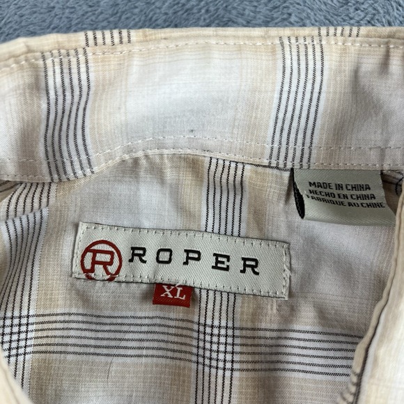 Roper Men's XL Western Pearl Snap Beige Plaid Long Sleeve Shirt Silver Threads - Picture 3 of 10